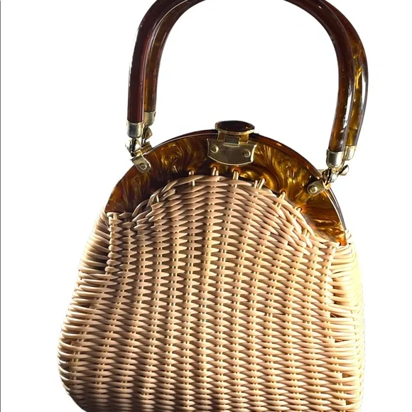 #37 VTG  Wicker Lucite handle fancy woven basket bead purse - Picture 11 of 16